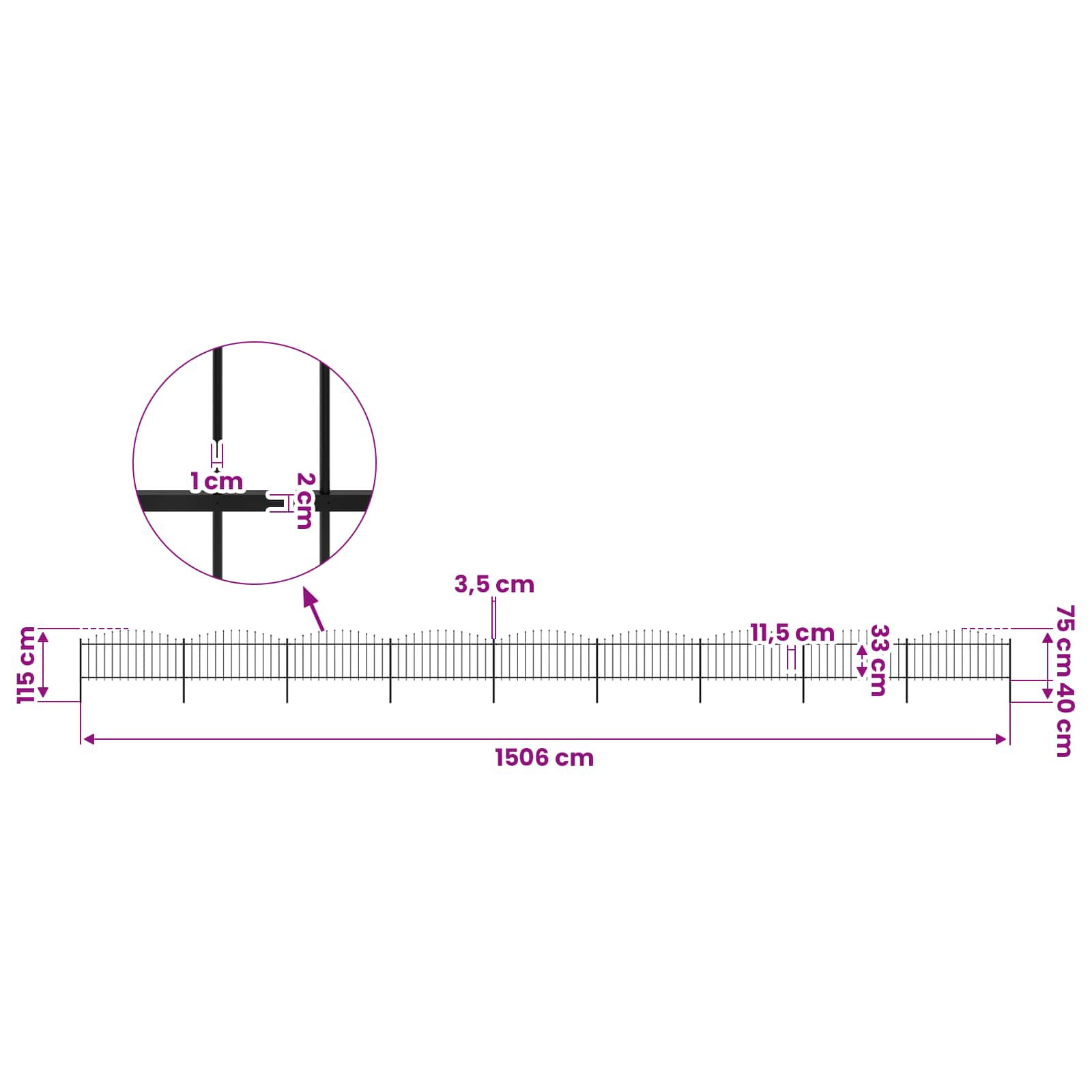 vidaXL Garden Fence with Spear Top Steel 1506x75 cm Black 5