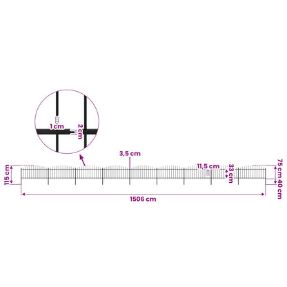 vidaXL Garden Fence with Spear Top Steel 1506x75 cm Black 5