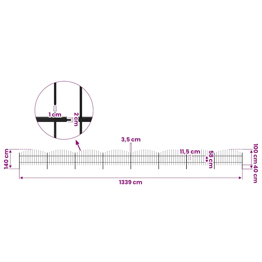 vidaXL Garden Fence with Spear Top Steel 1339x100 cm Black 5