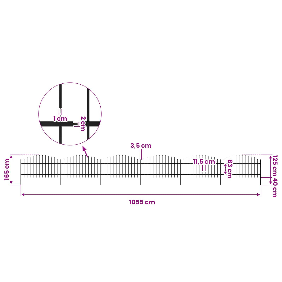 vidaXL Garden Fence with Spear Top Steel 1055x125 cm Black 5