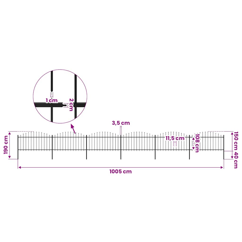 vidaXL Garden Fence with Spear Top Steel 1005x150 cm Black 5