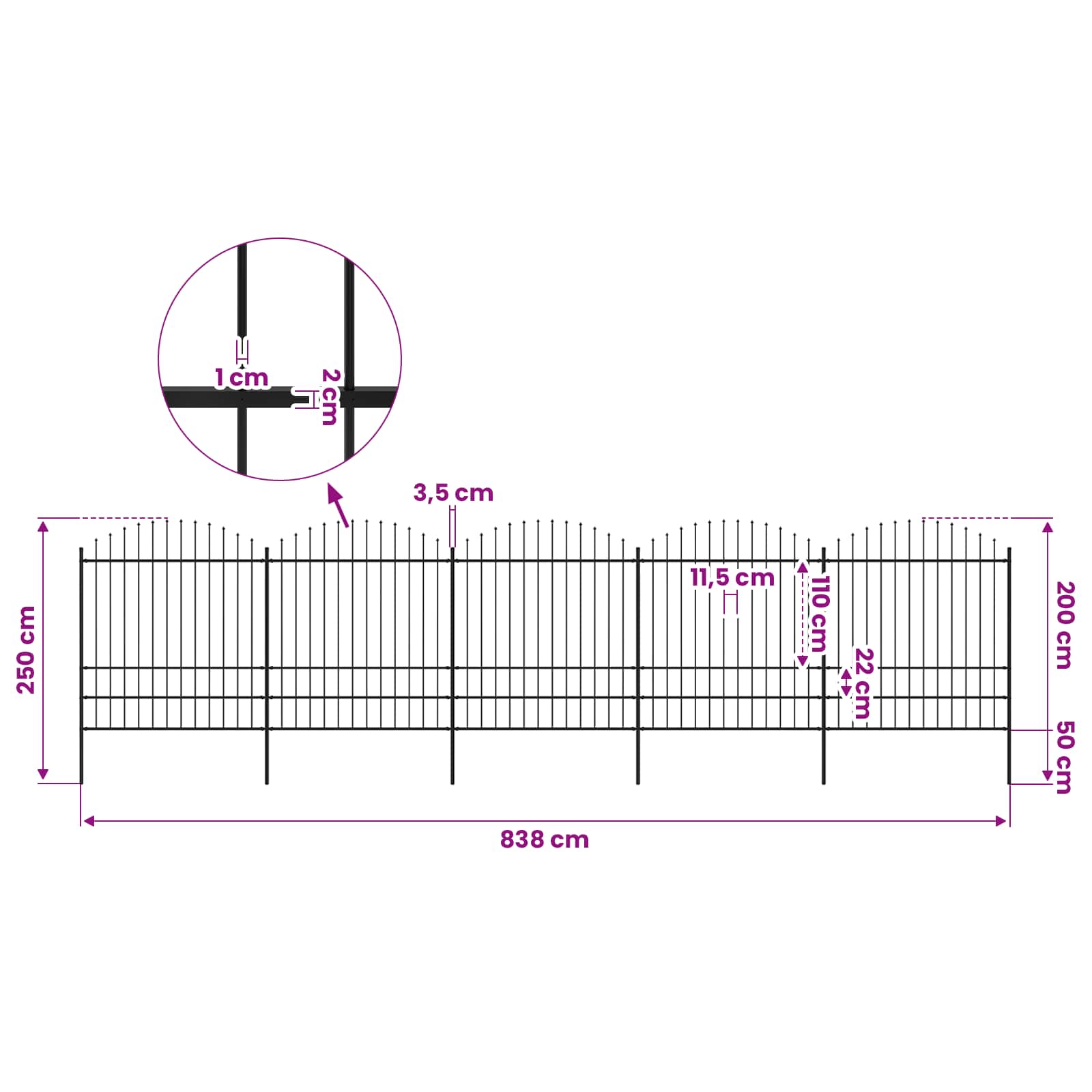 vidaXL Garden Fence with Spear Top Steel 838x200 cm Black 5