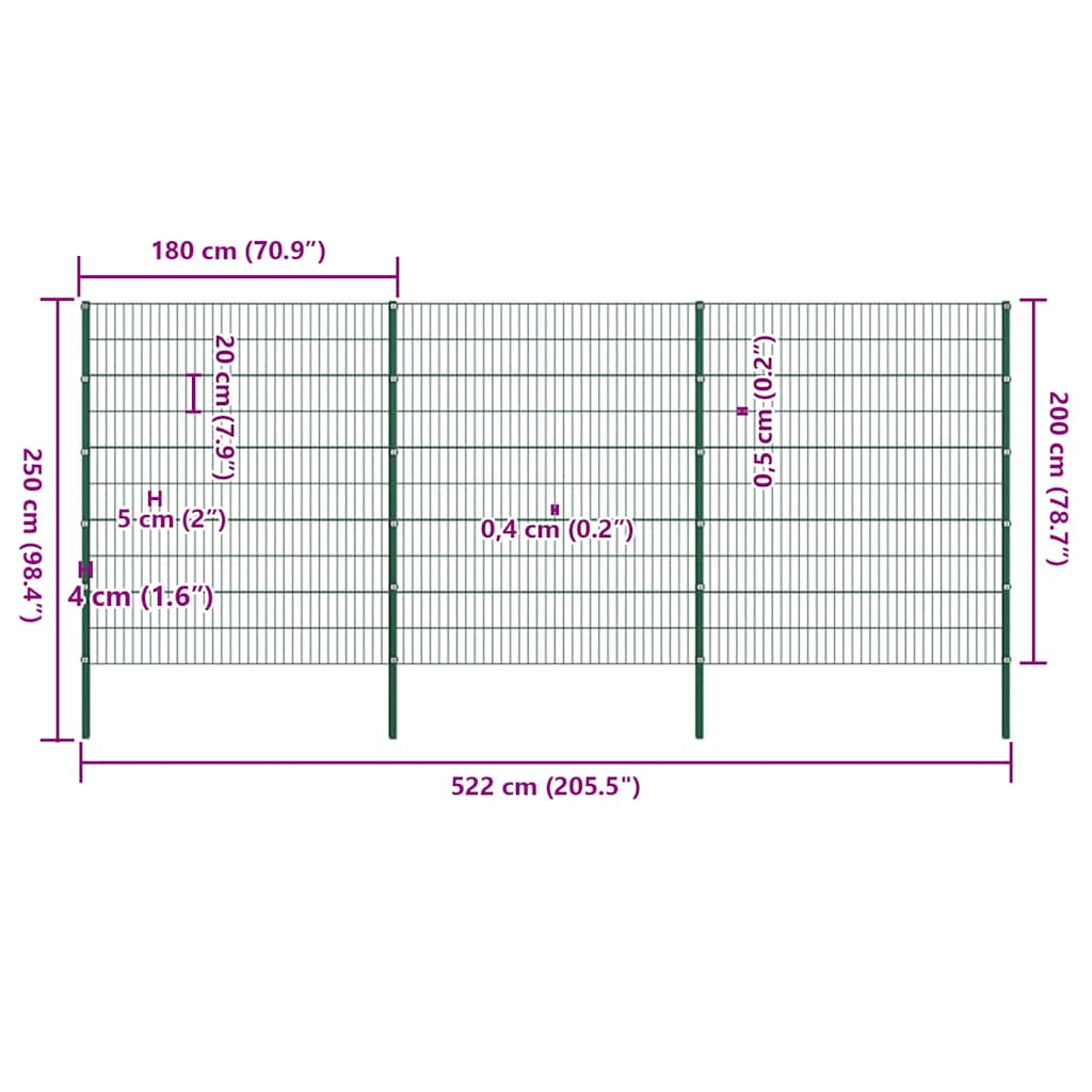 vidaXL Fence Panel with Posts Iron 522x200 cm Green 5