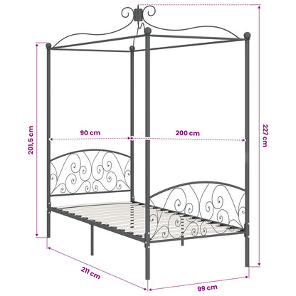 Canopy Bed Frame without Mattress Metal Grey 90 x 200 cm
