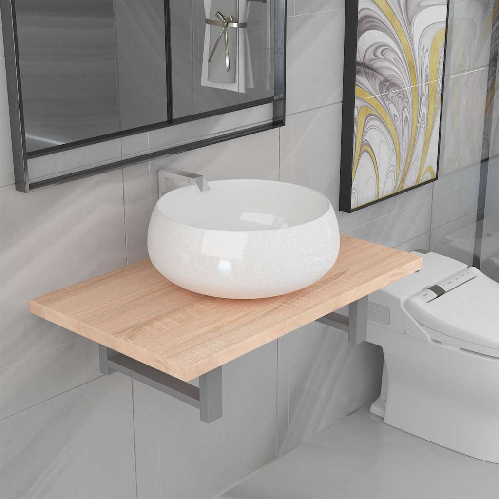 Two Bathroom Furniture Set Ceramic Oak 2 pcs Brown 60 cm shelf and 40 cm round-shaped basin