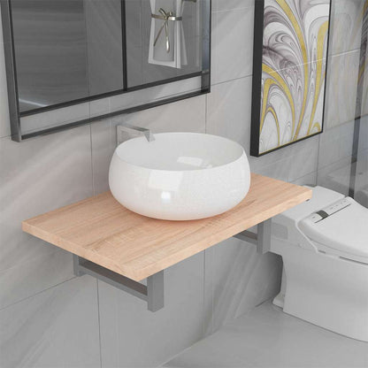 Two Bathroom Furniture Set Ceramic Oak 2 pcs Brown 60 cm shelf and 40 cm round-shaped basin