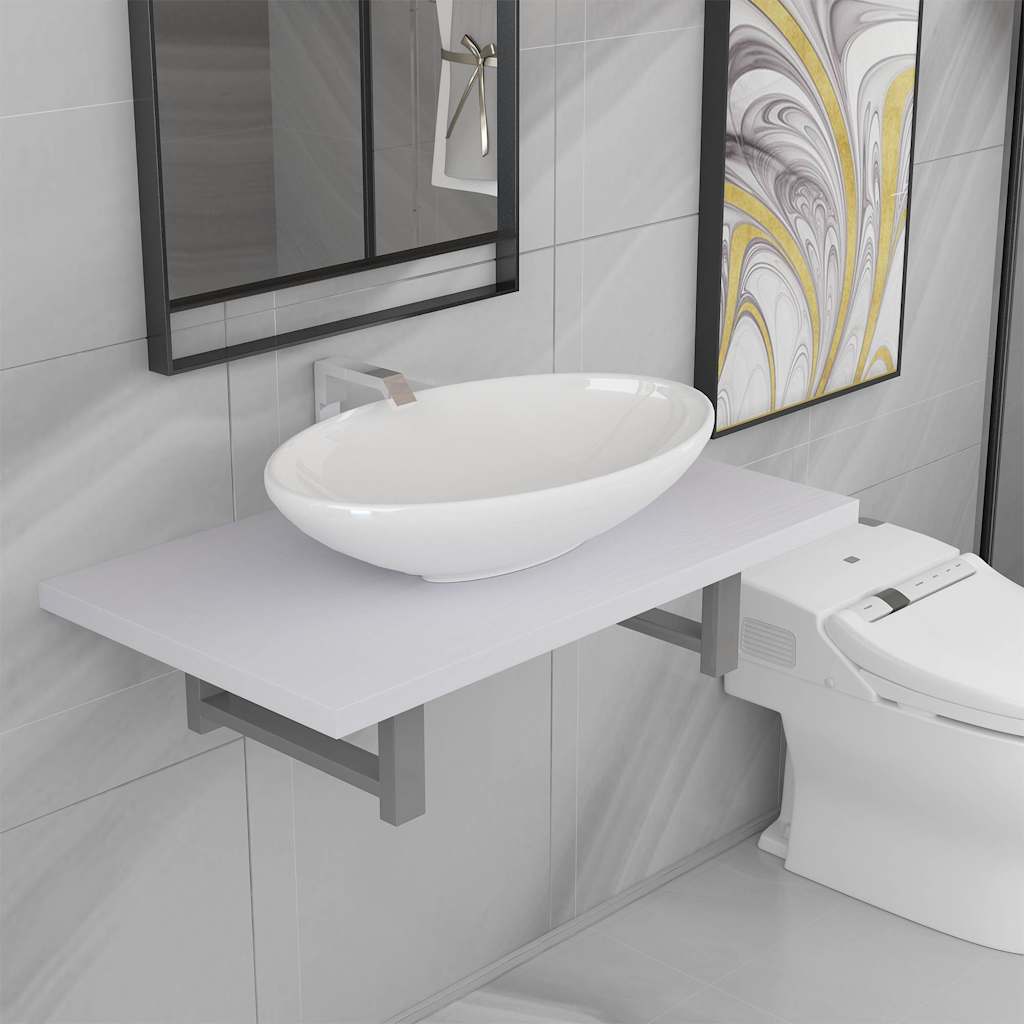 Two Bathroom Furniture Set Ceramic 2 pcs White 60 cm shelf and 40 cm oval-shaped basin
