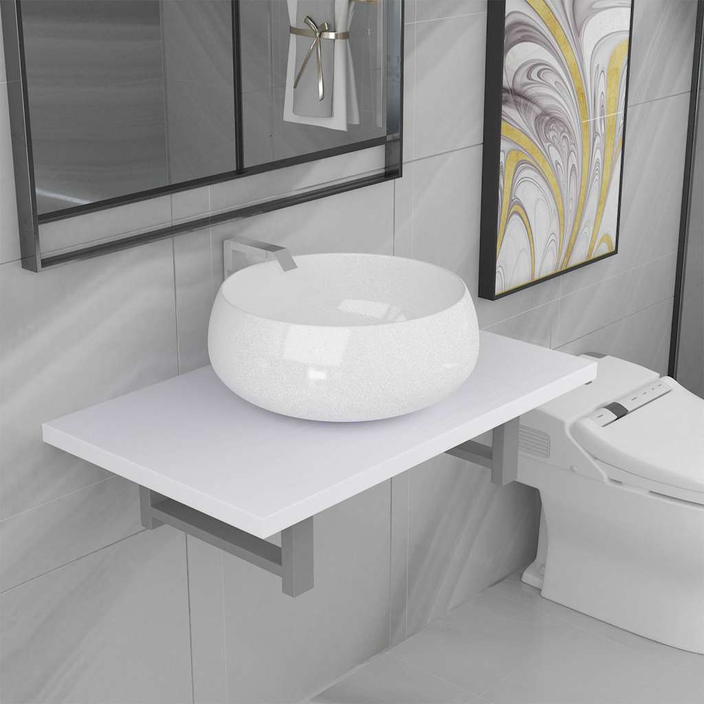 Two Bathroom Furniture Set Ceramic 2 pcs White 60 cm shelf and 40 cm round-shaped basin