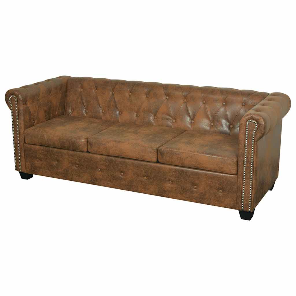 vidaXL Chesterfield Sofa 3-Seater Brown Faux Leather 1