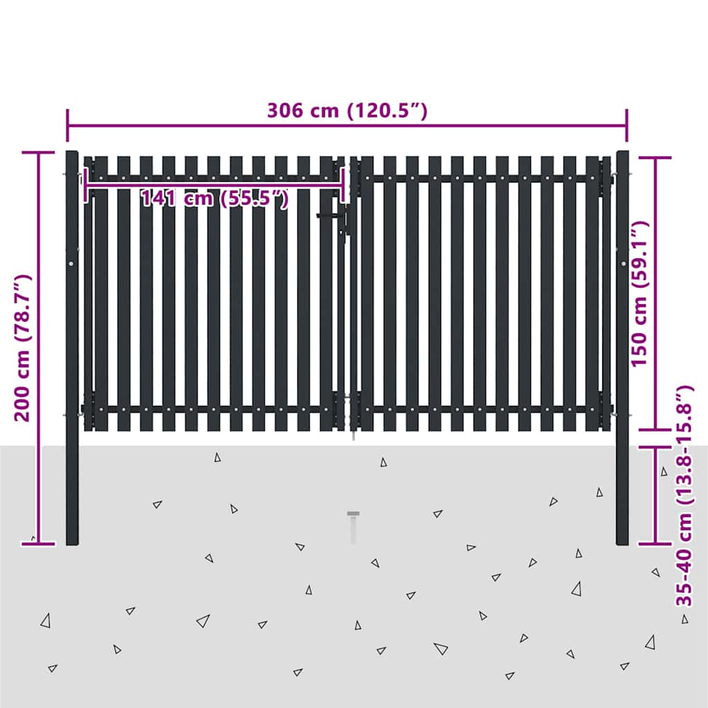 vidaXL Double Door Fence Gate Steel 300x150 cm Anthracite 6