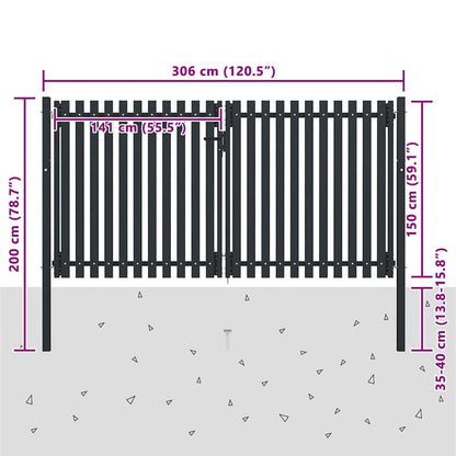vidaXL Double Door Fence Gate Steel 300x150 cm Anthracite 6