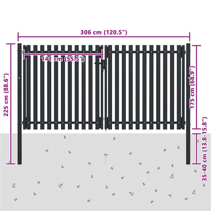 vidaXL Double Door Fence Gate Steel 300x175 cm Anthracite 6