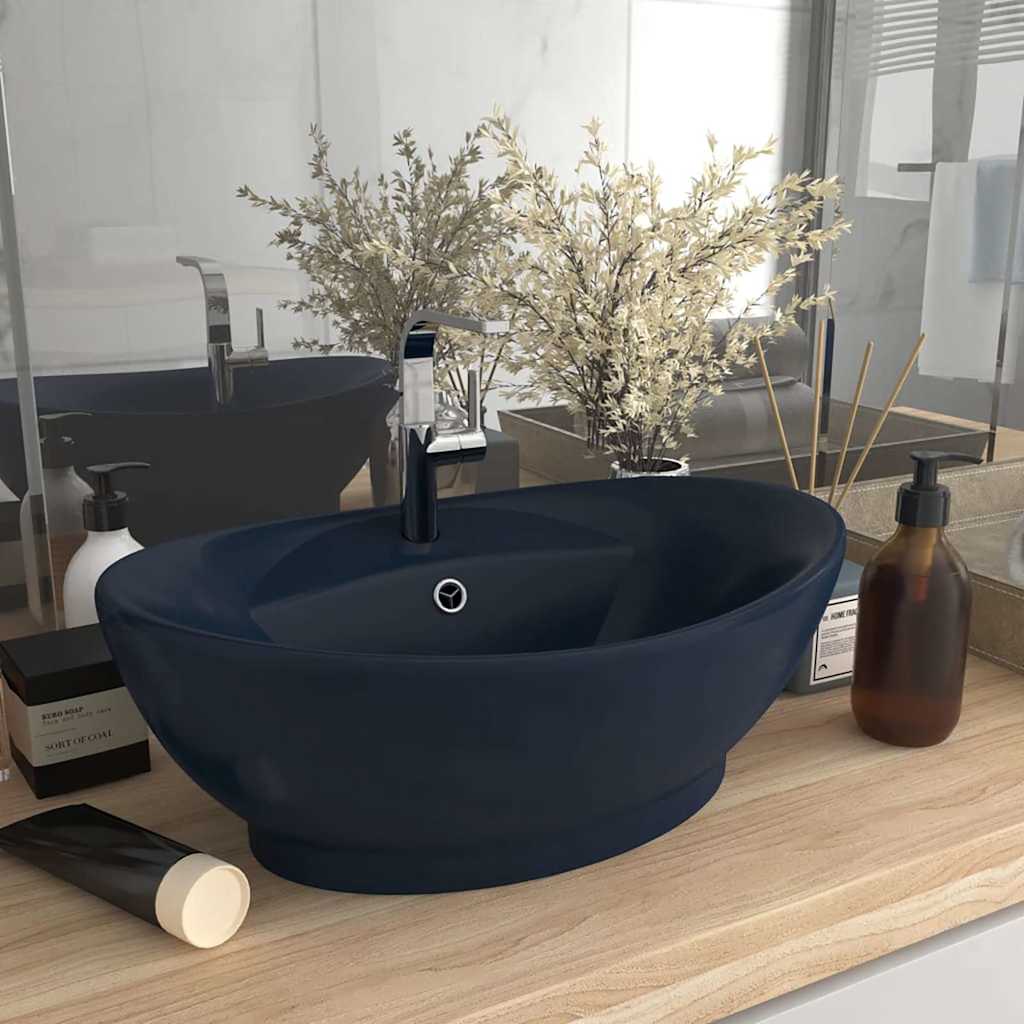 Luxury Ceramic Basin Oval with Overflow Matte dark blue 58.5 cm 39 cm