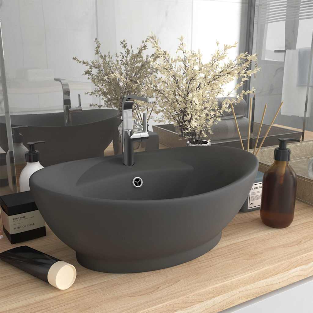 Luxury Ceramic Basin Oval with Overflow Matte dark grey 58.5 cm 39 cm