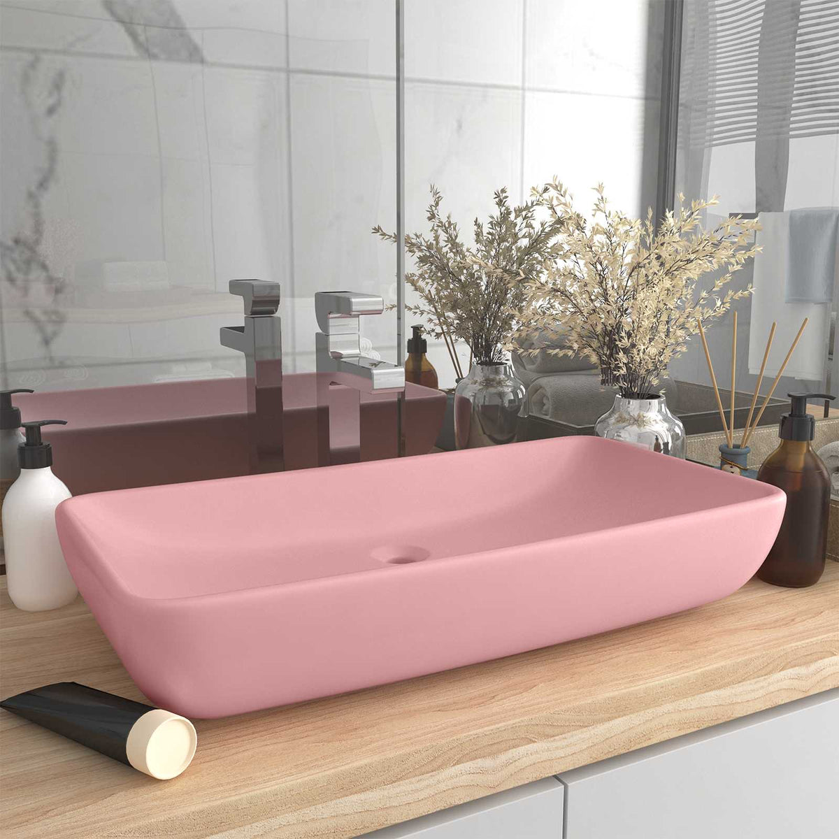 Ceramic Bathroom Sink Basin Rectangular Matte pink