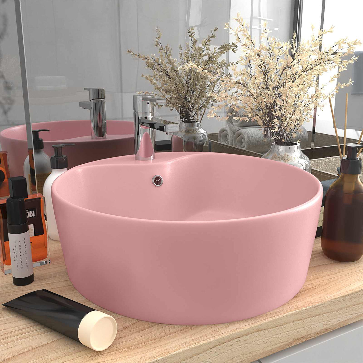 Luxury Wash Basin with Overflow Matt Pink 36x13 cm Ceramic Matte pink