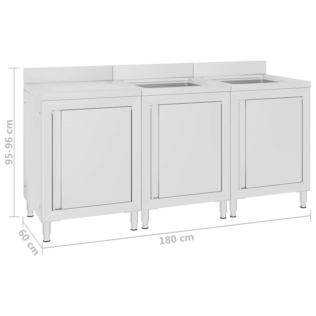 vidaXL Commercial Kitchen Sink Cabinet 180x60x96 cm Stainless Steel 6