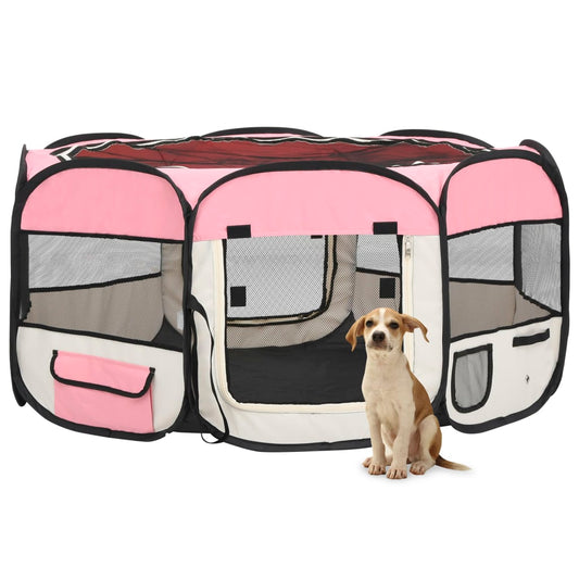 vidaXL Foldable Dog Playpen with Carrying Bag Pink 145x145x61 cm