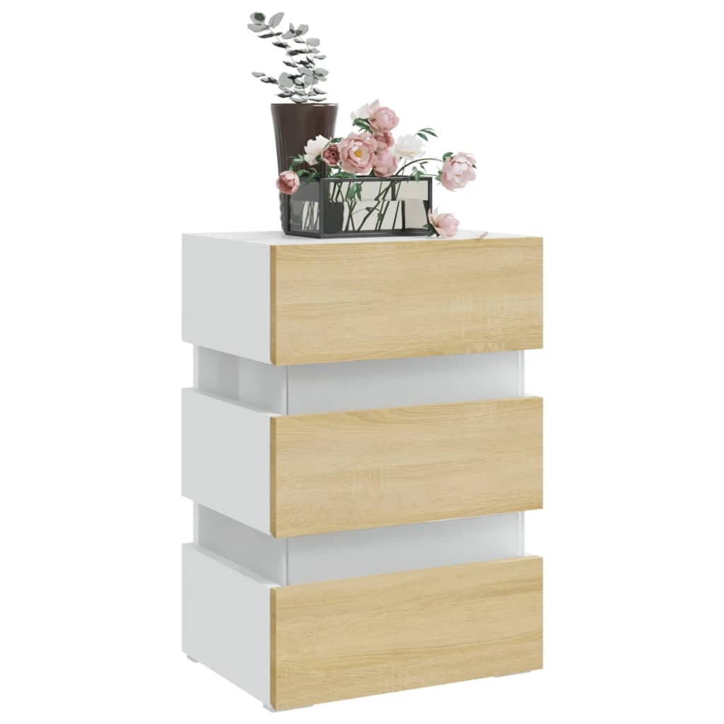 vidaXL LED Bedside Cabinet White and Sonoma Oak 45x35x67 cm Engineered Wood