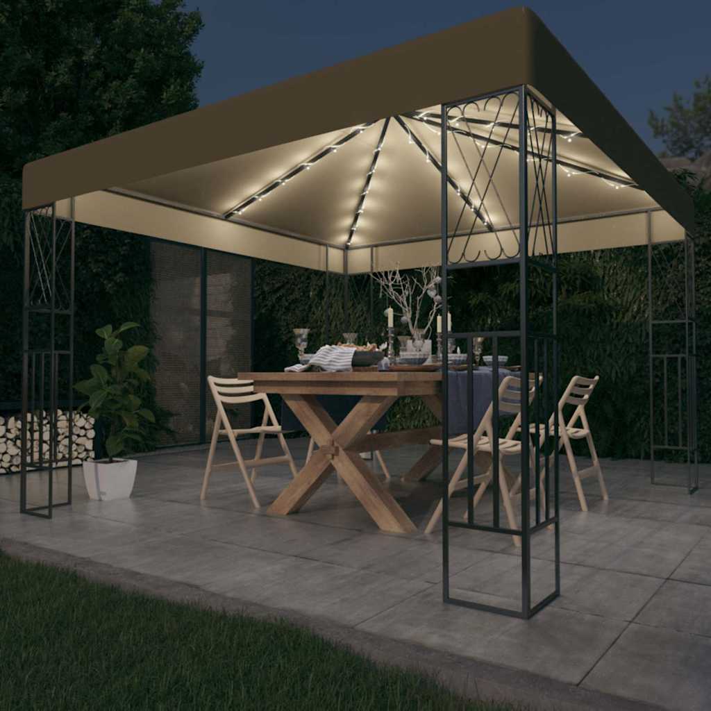 Gazebo with LED String Lights Fabric Taupe 3 x 3 m