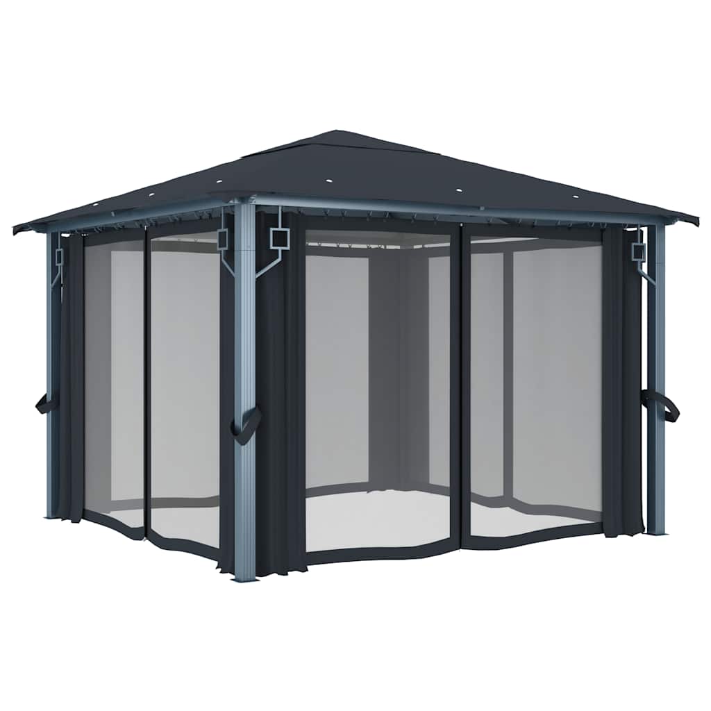 vidaXL Gazebo with Curtain&LED String Lights 3x3 m Anthracite Aluminium 6