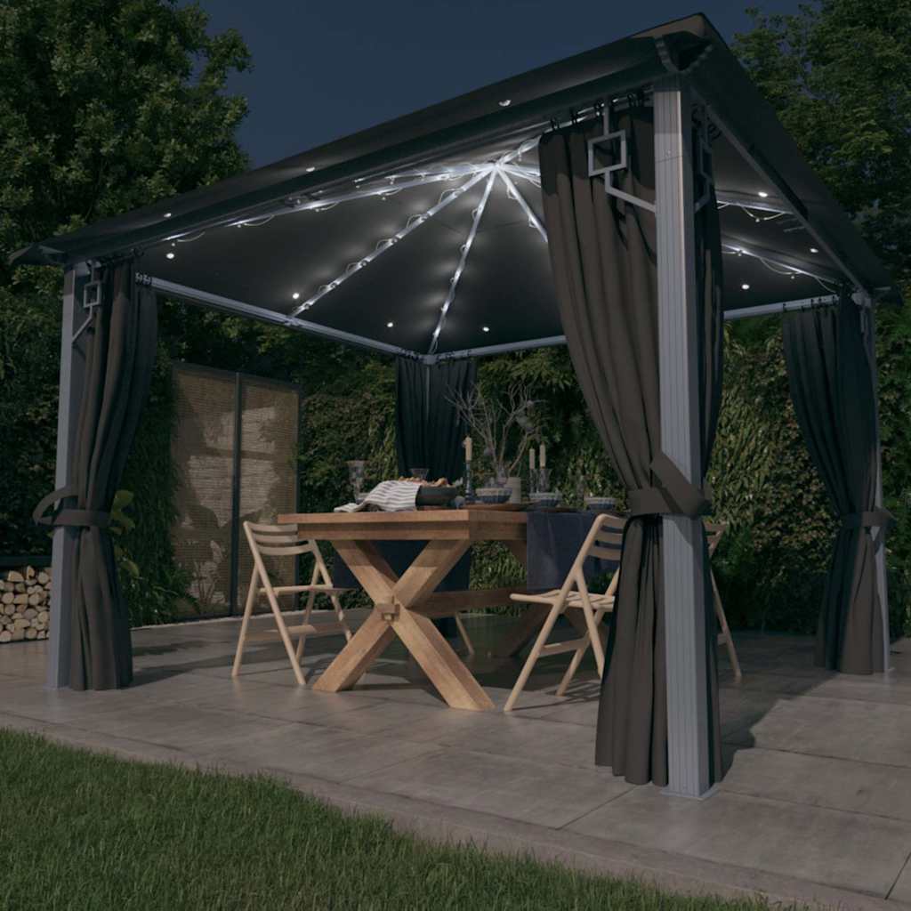 vidaXL Gazebo with Curtain&LED String Lights 3x3 m Anthracite Aluminium 1