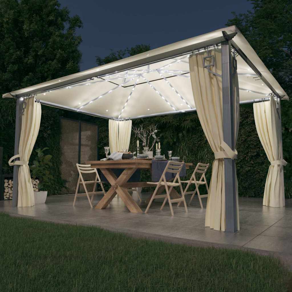 vidaXL Gazebo with Curtain&LED String Lights 4x3 m Cream Aluminium 1