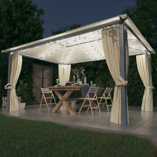 vidaXL Gazebo with Curtain&LED String Lights 4x3 m Cream Aluminium 1