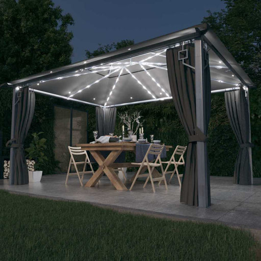 vidaXL Gazebo with Curtain&LED String Lights 4x3 m Anthracite Aluminium 1