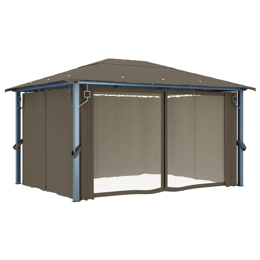 vidaXL Gazebo with Curtain&LED String Lights 4x3 m Taupe Aluminium 6