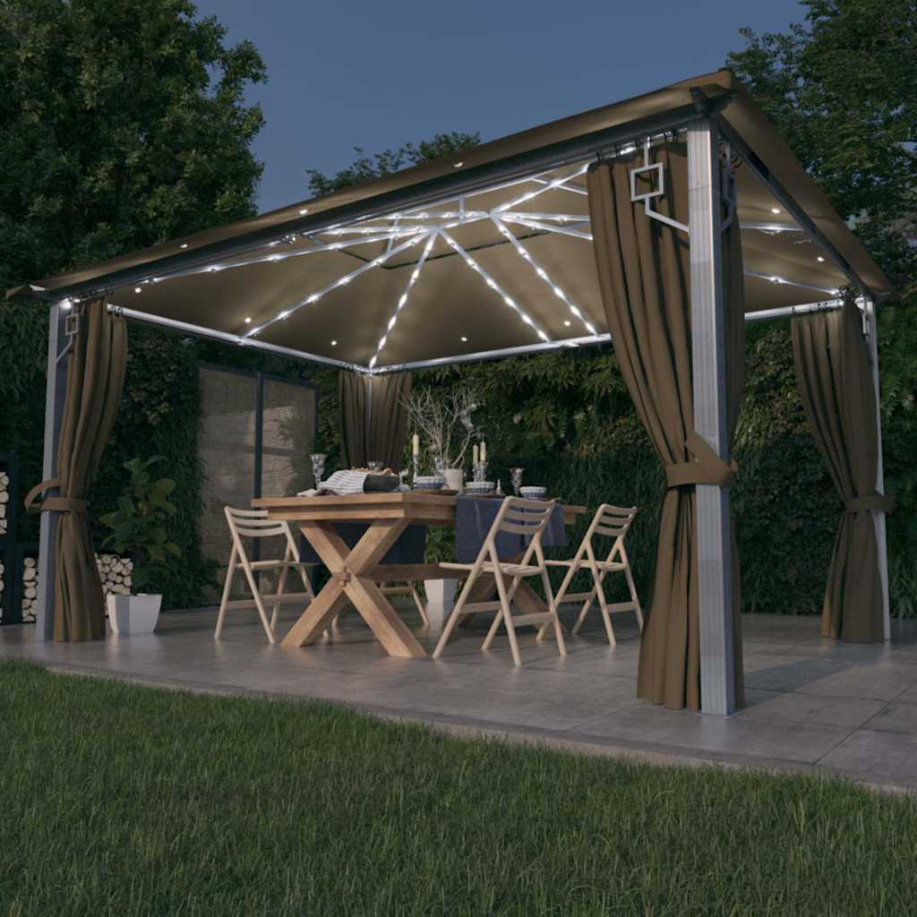 vidaXL Gazebo with Curtain&LED String Lights 4x3 m Taupe Aluminium 1