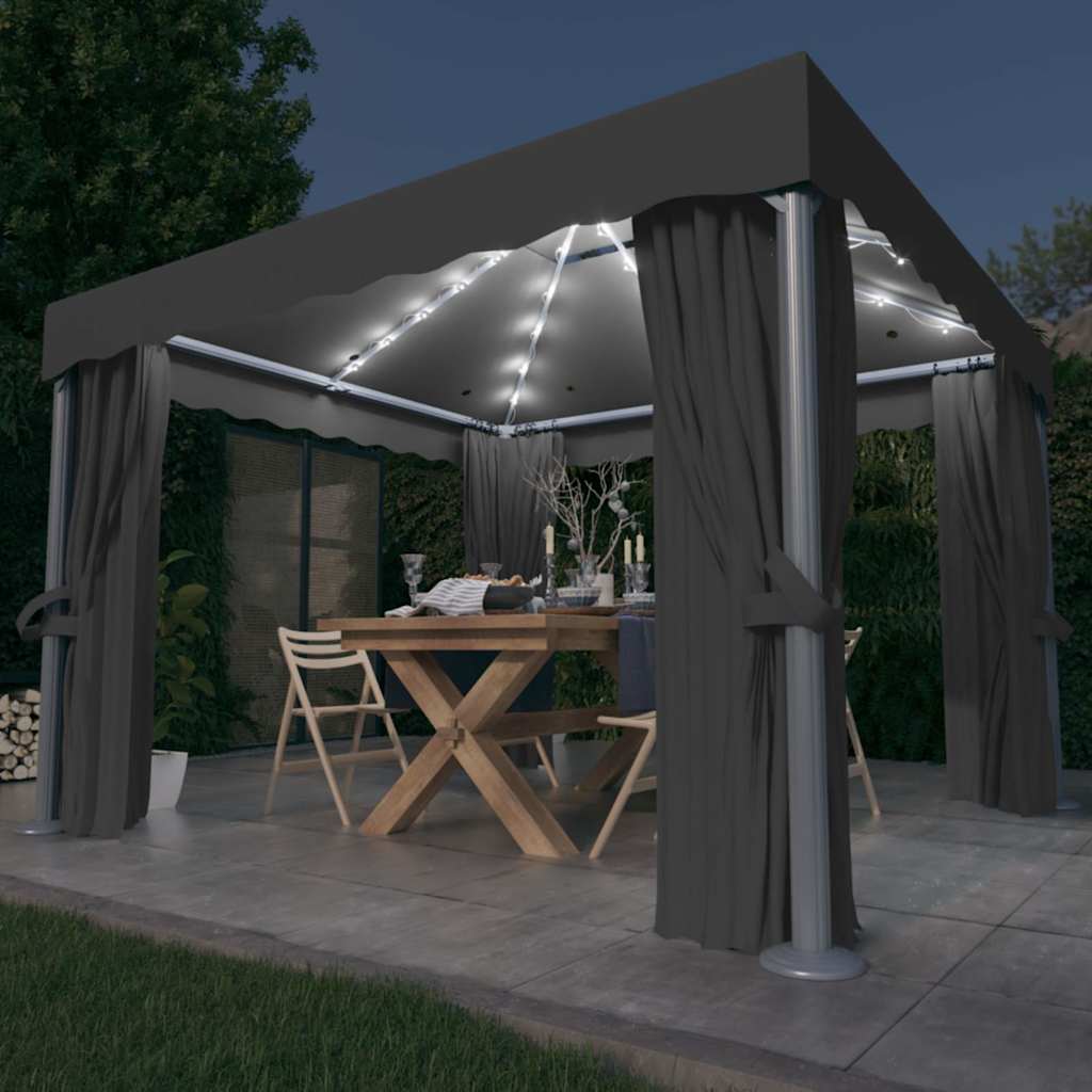 vidaXL Gazebo with Curtain&LED String Lights 3x3 m Anthracite 1
