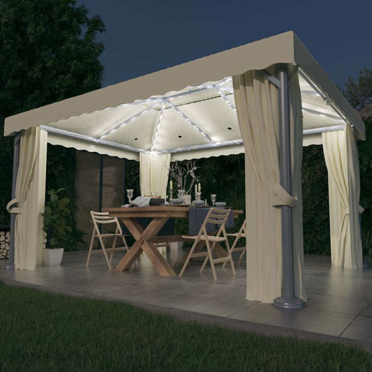 vidaXL Gazebo with Curtain&LED String Lights 4x3 m Cream White 1