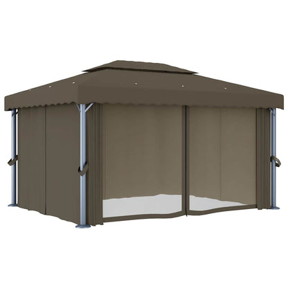 vidaXL Gazebo with Curtain&LED String Lights 4x3 m Taupe 5