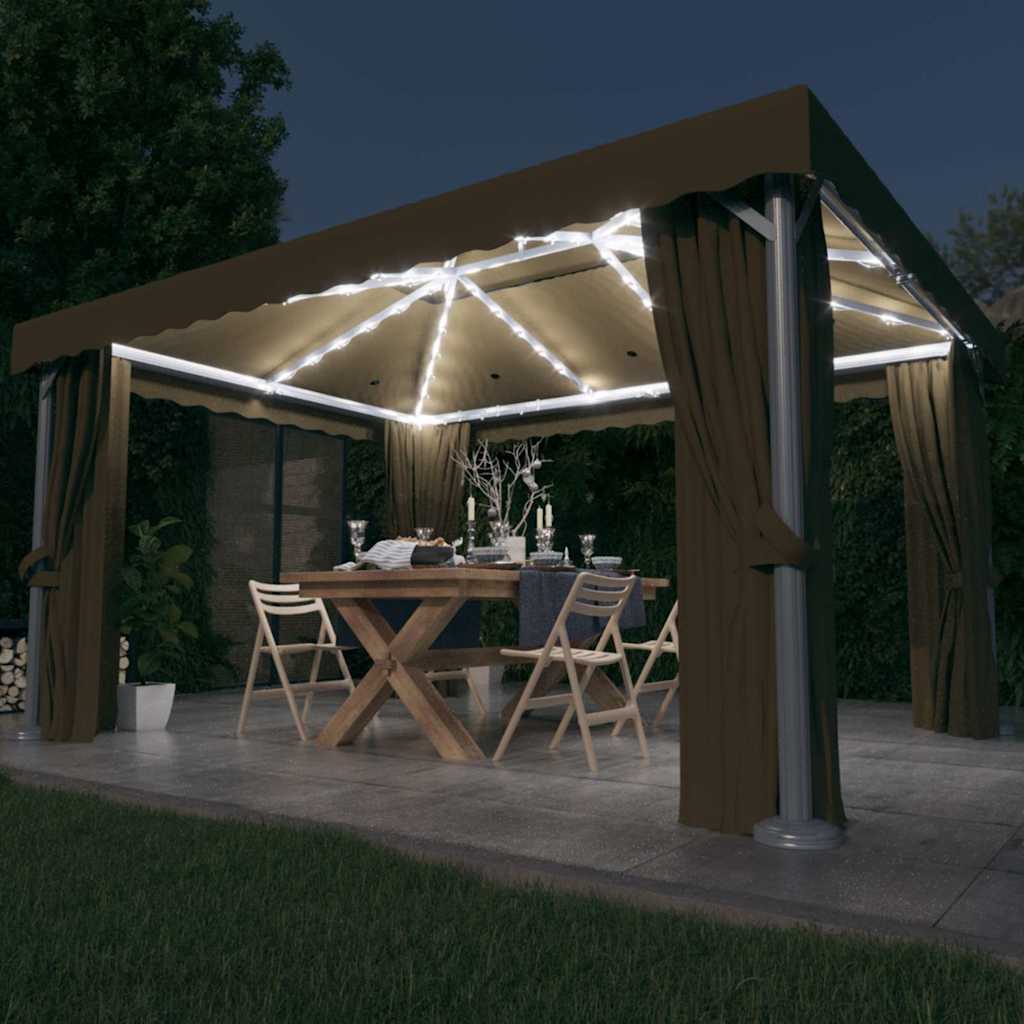 vidaXL Gazebo with Curtain&LED String Lights 4x3 m Taupe 1