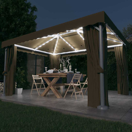 vidaXL Gazebo with Curtain&LED String Lights 4x3 m Taupe 1