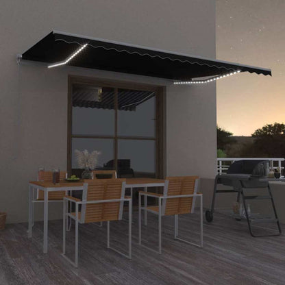 Manual Awning with Solar LED 5 x 3 m Stripe with white frame Drop 300 cm Width 500 cm Anthracite