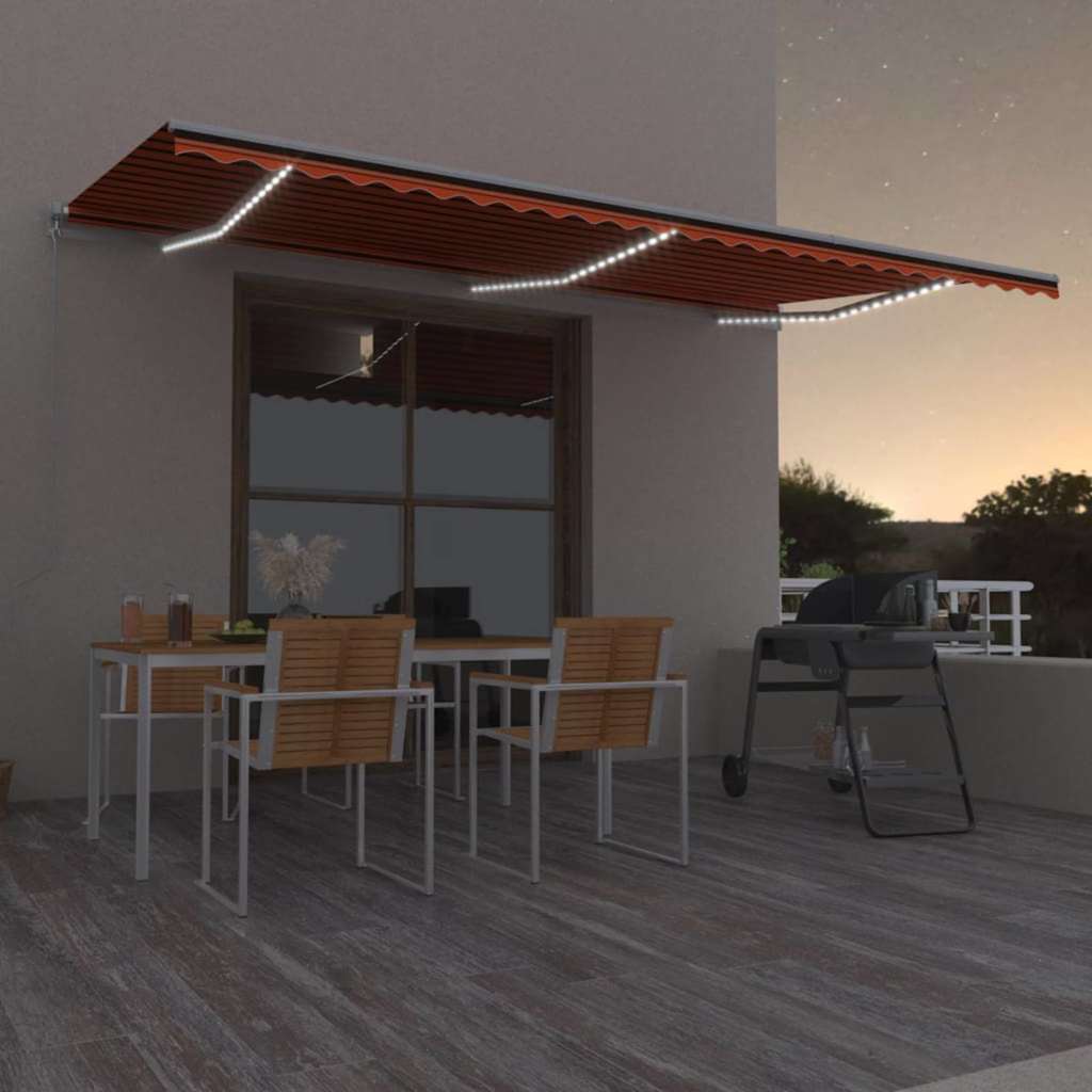 Manual Awning with Solar LED 6 x 3 m Stripe with white frame Drop 300 cm Width 600 cm Orange and brown