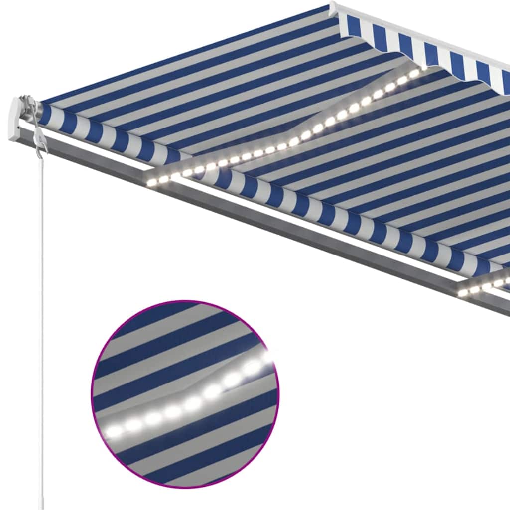 vidaXL Manual Retractable Awning with LED 450x350 cm Blue and White 4