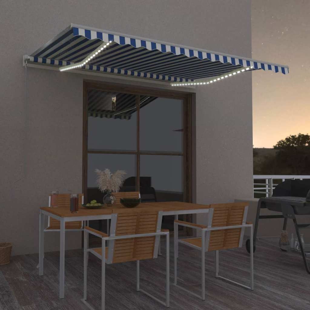 Manual Retractable Awning with LED with white frame Drop 350 cm Blue and white