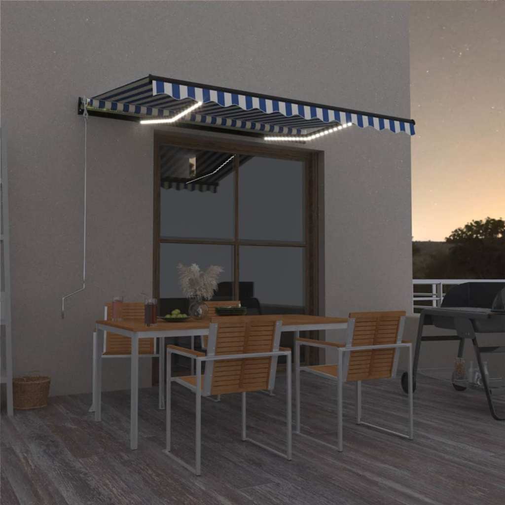 Manual Retractable Awning with LED Drop 300 cm Blue and white 400 cm