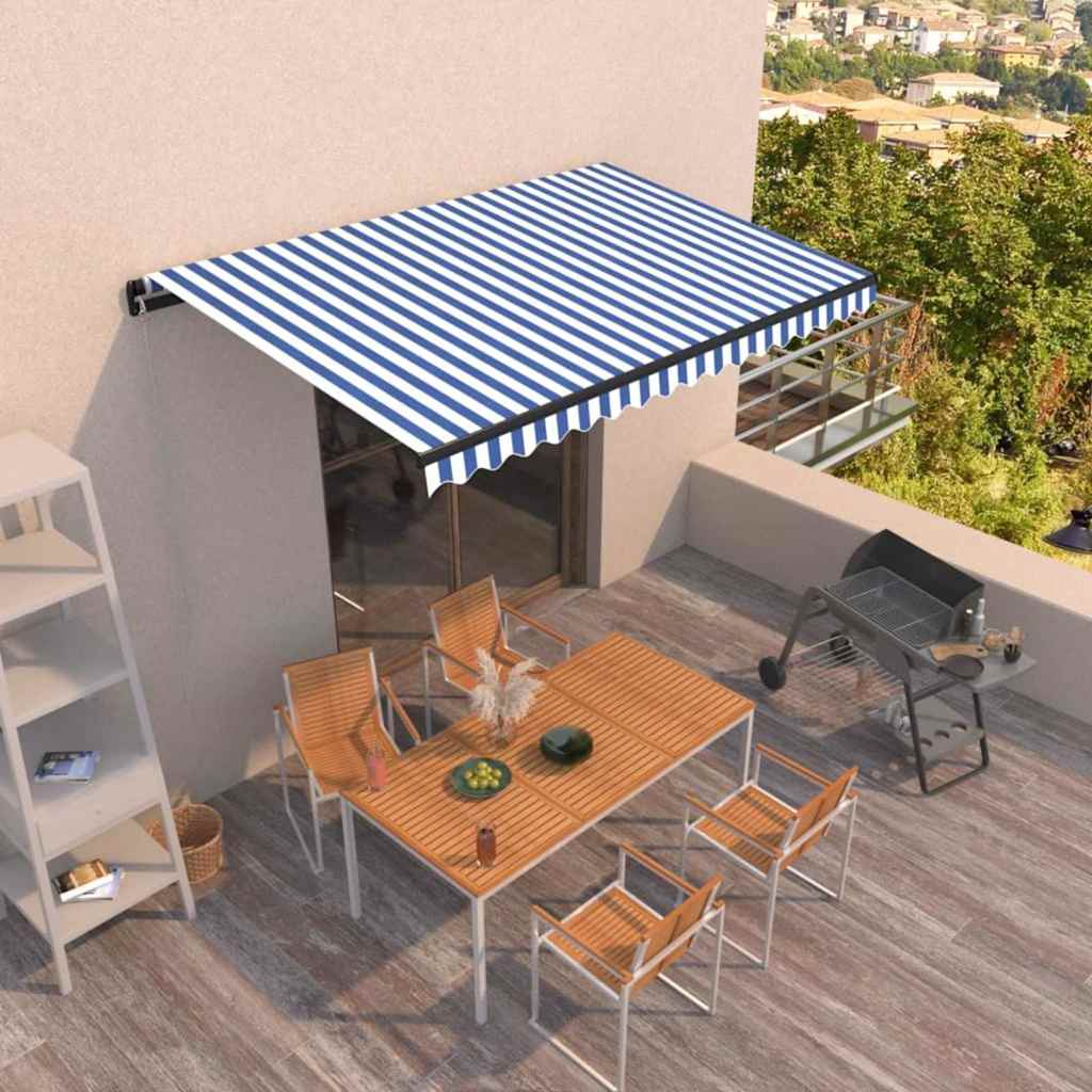 Manual Awning 4 x 3.5 m 100% Polyester Drop 350 cm Blue and white 450 cm