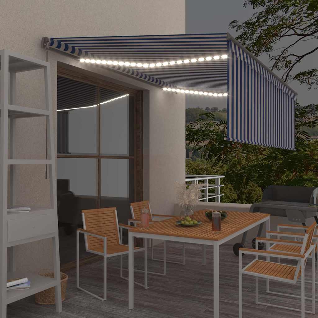vidaXL Manual Retractable Awning with Blind&LED 4,5x3m Blue&White 1
