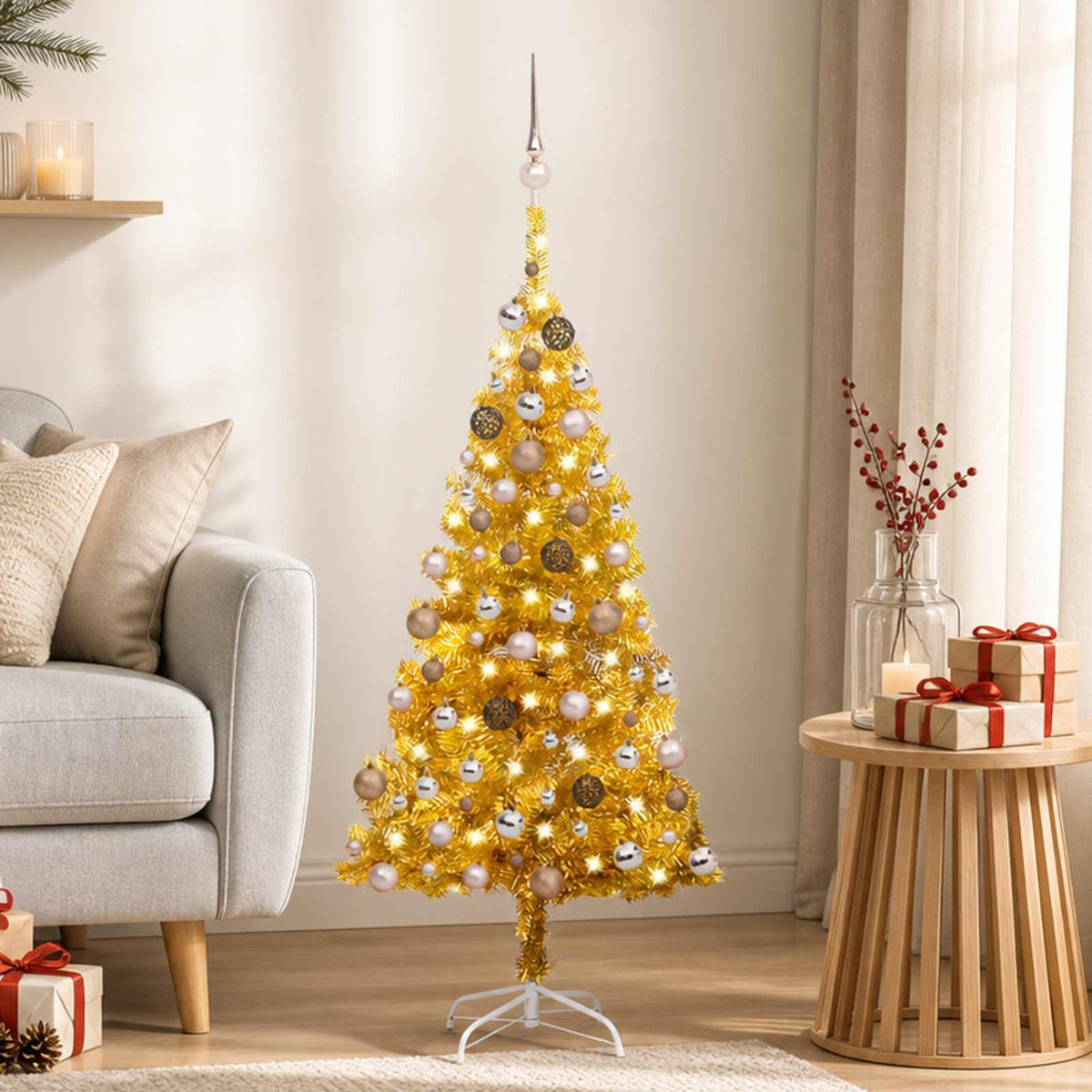 Christmas Tree PET 120 cm Gold with 150 LEDs&rose gold balls