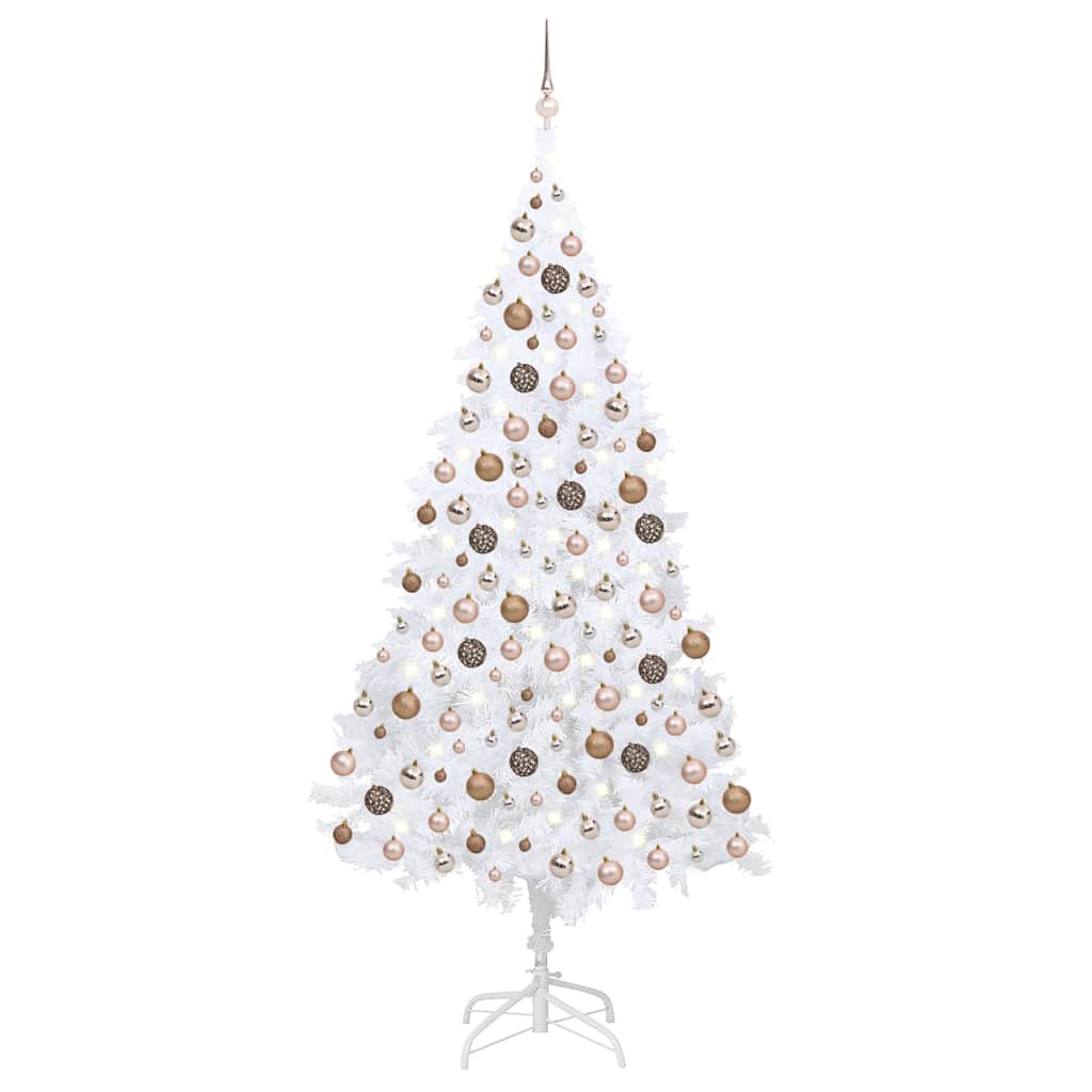 Artificial Pre-lit Christmas Tree with Ball Set PVC White 210 cm with 120 rose gold balls