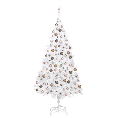 Artificial Pre-lit Christmas Tree with Ball Set PVC White 210 cm with 120 rose gold balls