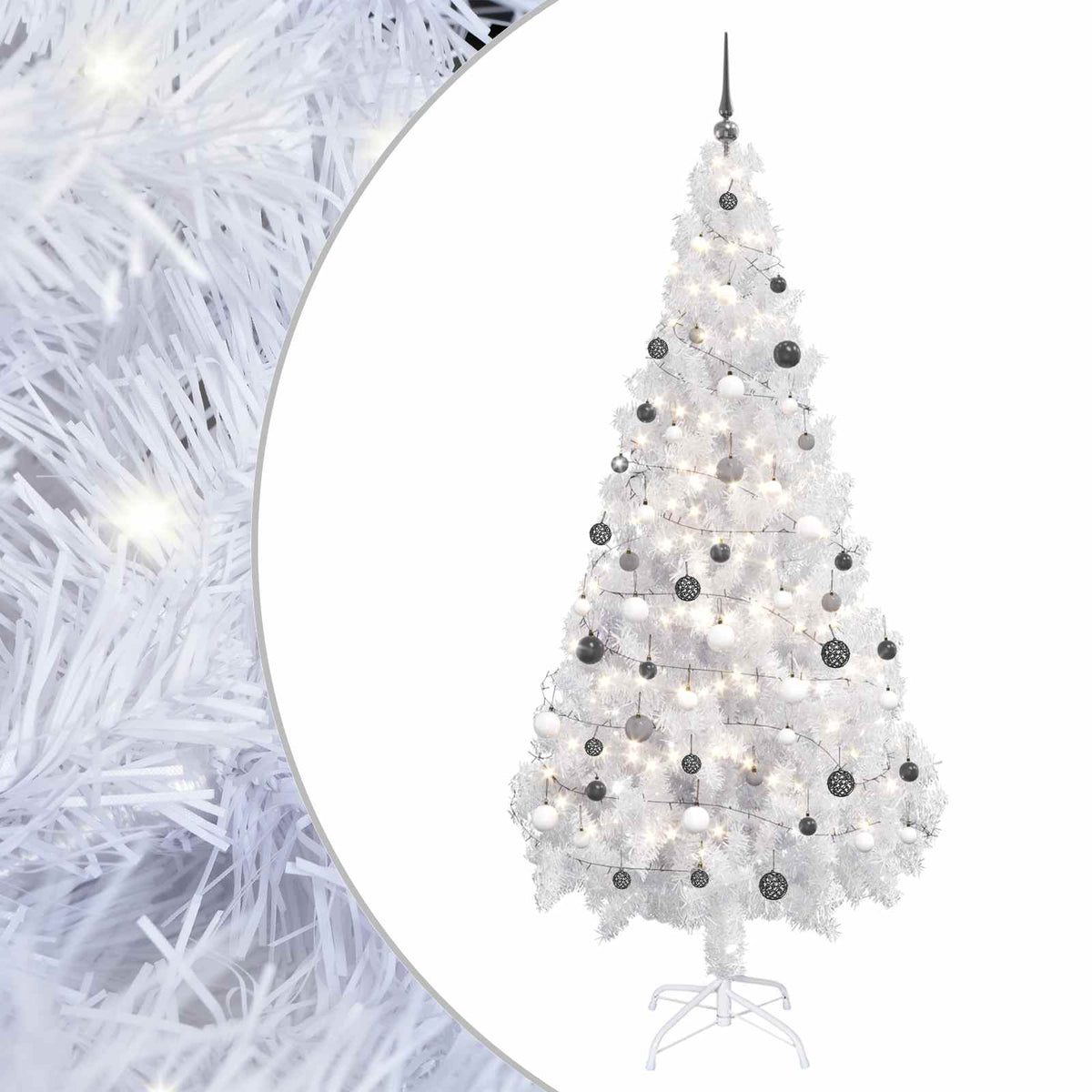 Artificial Pre-lit Christmas Tree Ball Set 620 Branches 180 cm White with 300 LEDs&white/grey balls