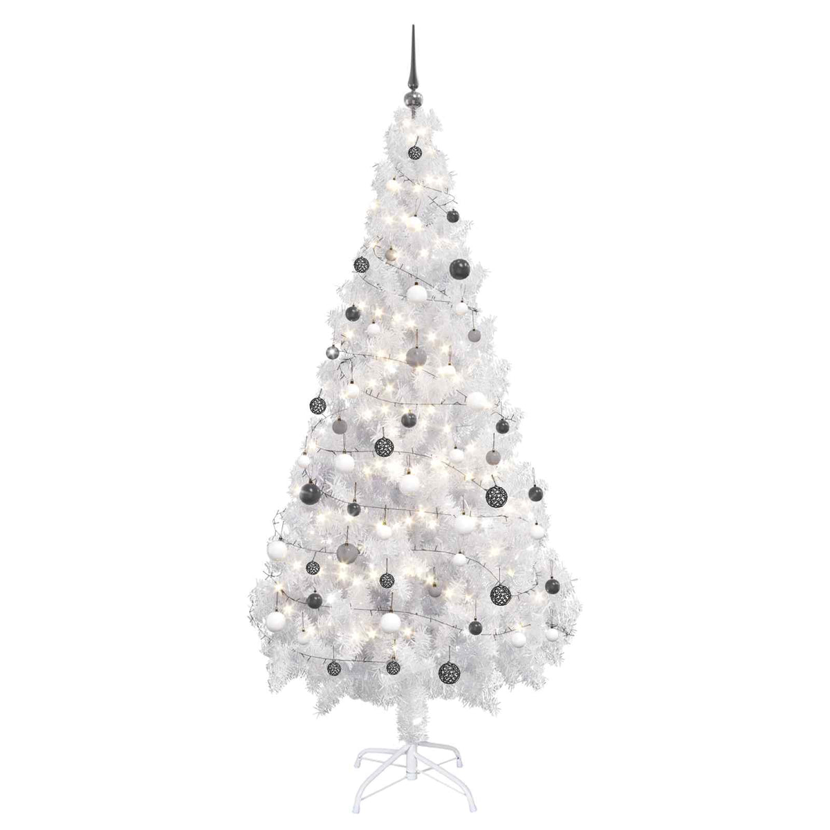 Artificial Pre-lit Christmas Tree Ball Set 620 Branches 180 cm White with 300 LEDs&white/grey balls