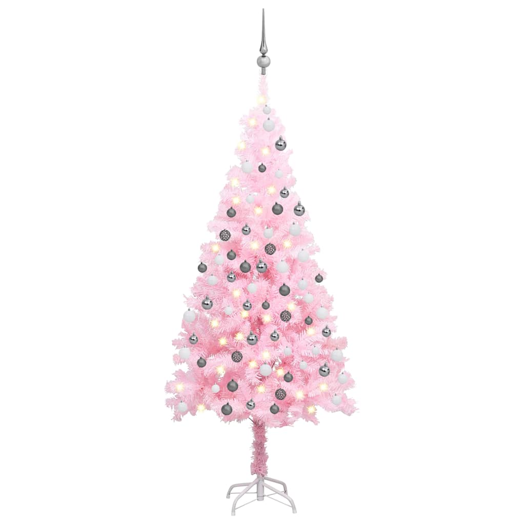 Artificial Pre-lit Christmas Tree with Ball Set 180 cm PVC Pink with LEDs&white/grey balls