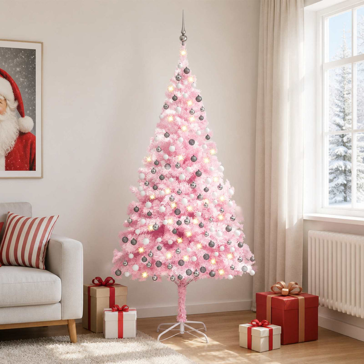Christmas Tree PVC 210 cm Pink with 300 LEDs&white/grey balls